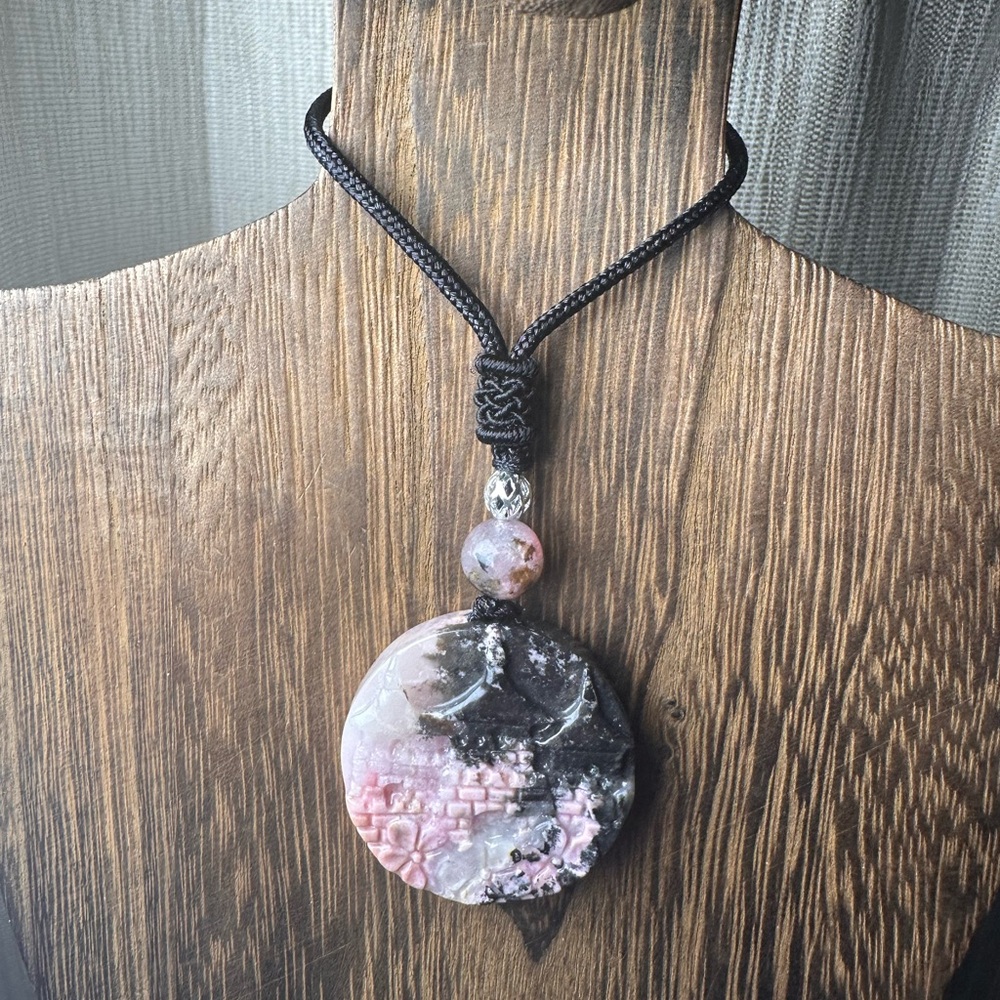 Icy Rhodonite Landscape and Flowers Pendant Necklace on Black Adjustable Rope - Picture 2 of 16